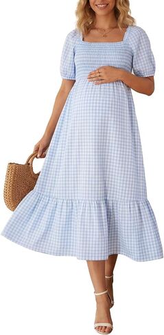 Summer Mae Smocked Maternity Dress Pregnancy Baby Shower Summer Outfit | Women gingham puff sleeve photoshoot midi dresses, perfect wedding guest clothes, flowy fit for mom to be in Kuwait
