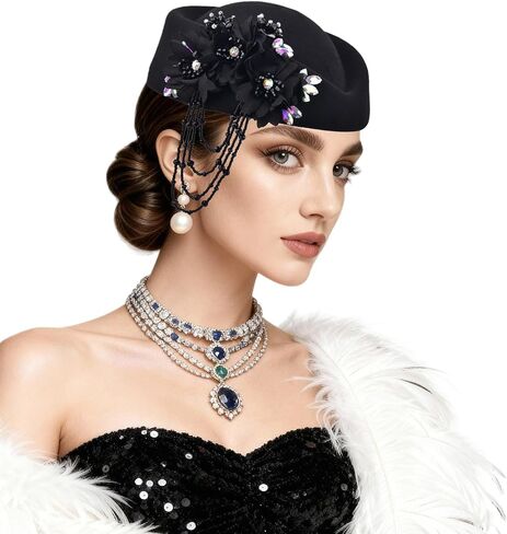 ASO OKE Beret Hats for Women British Felt hat Women's Church Derby with Tassel decorationhat Suitable for Wedding Parties in Saudi Arabia