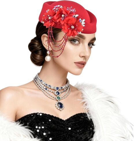ASO OKE Beret Hats for Women British Felt hat Women's Church Derby with Tassel decorationhat Suitable for Wedding Parties in Saudi Arabia