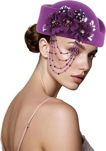 ASO OKE Beret Hats for Women British Felt hat Women's Church Derby with Tassel decorationhat Suitable for Wedding Parties in Saudi Arabia