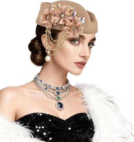 ASO OKE Beret Hats for Women British Felt hat Women's Church Derby with Tassel decorationhat Suitable for Wedding Parties in Saudi Arabia
