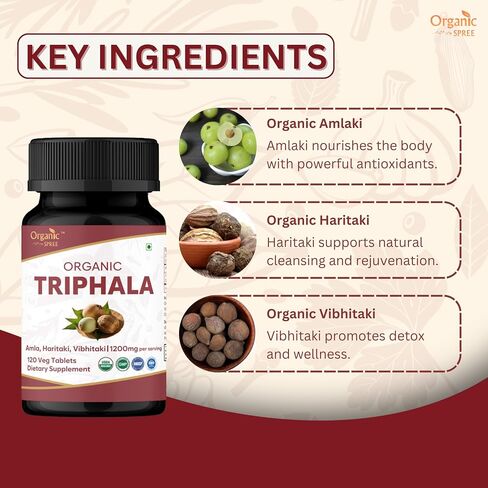 ORGANIC SPREE Triphala 120 Tablets | Amla, Haritaki & Bibhitaki | Herbal Supplement for Digestion and Detox* | 1200mg per Serving | Organic and Natural | USDA Certified 120tab in Kuwait
