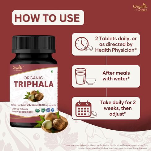 ORGANIC SPREE Triphala 120 Tablets | Amla, Haritaki & Bibhitaki | Herbal Supplement for Digestion and Detox* | 1200mg per Serving | Organic and Natural | USDA Certified 120tab in Kuwait