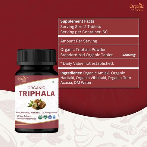 ORGANIC SPREE Triphala 120 Tablets | Amla, Haritaki & Bibhitaki | Herbal Supplement for Digestion and Detox* | 1200mg per Serving | Organic and Natural | USDA Certified 120tab in Kuwait