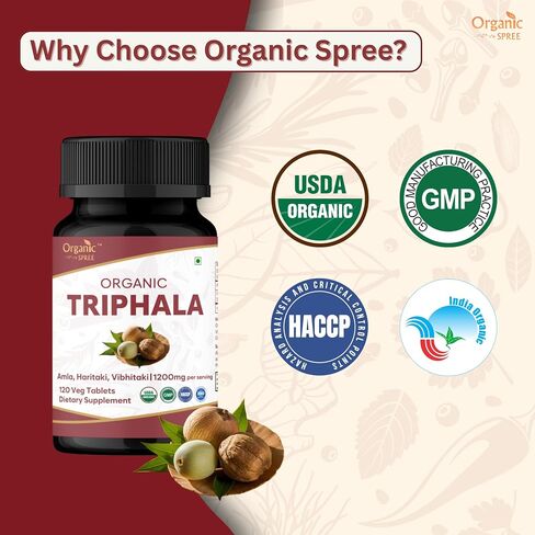 ORGANIC SPREE Triphala 120 Tablets | Amla, Haritaki & Bibhitaki | Herbal Supplement for Digestion and Detox* | 1200mg per Serving | Organic and Natural | USDA Certified 120tab in Kuwait