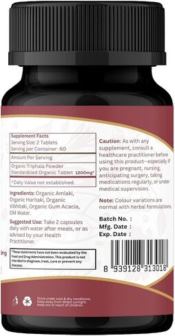 ORGANIC SPREE Triphala 120 Tablets | Amla, Haritaki & Bibhitaki | Herbal Supplement for Digestion and Detox* | 1200mg per Serving | Organic and Natural | USDA Certified 120tab in Kuwait