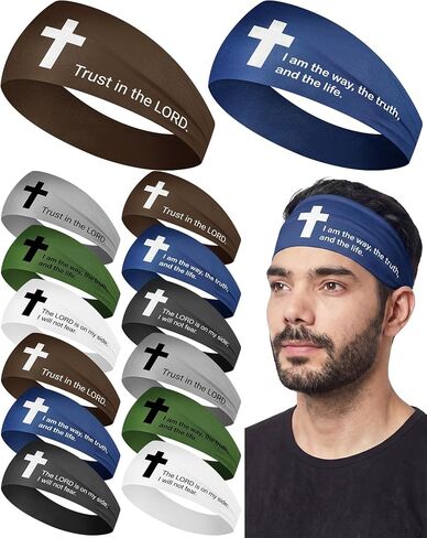 Shihanee 12 Pcs Christian Headbands Bulk for Men Jesus Cross Athletic Sweatband Moisture Wicking for Football Baseball Sport in Kuwait