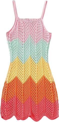 SweatyRocks Girl's Crochet Swim Cover Up Color Block Spaghetti Strap Sleeveless Knit Beach Dress in Kuwait
