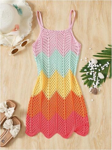 SweatyRocks Girl's Crochet Swim Cover Up Color Block Spaghetti Strap Sleeveless Knit Beach Dress in Kuwait