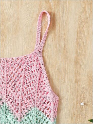 SweatyRocks Girl's Crochet Swim Cover Up Color Block Spaghetti Strap Sleeveless Knit Beach Dress in Kuwait