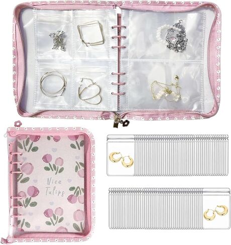 A5 Transparent PVC Travel Jewelry Organizer Booklet with 150 Compartments & 50 Plastic Bags, Zippered Mini Jewelry Travel Case for Rings, Necklaces & Earrings (Pink) in Kuwait