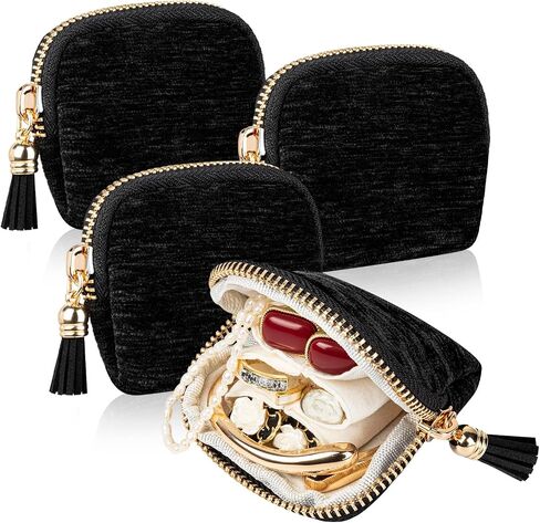 3PCS Small Jewelry Travel Bag Portable Travel Jewelry Bag with Tassel Zipper, Soft Velvet Organizer Pouch for Necklace Bracelet Rings Earring Storage Women Gift (2.7 * 3.3IN) in Saudi Arabia