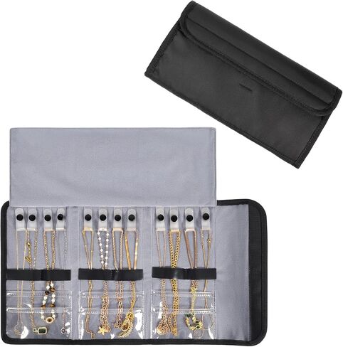 Travel Jewelry Organizer Case, Anti-Tangle Necklace Roll Bag with 12 Hooks & Clear Pockets, Foldable Chains Bracelets Storage for Women, Portable Lightweight Jewelry Holder in Saudi Arabia