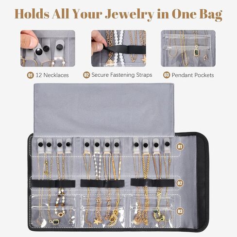 Travel Jewelry Organizer Case, Anti-Tangle Necklace Roll Bag with 12 Hooks & Clear Pockets, Foldable Chains Bracelets Storage for Women, Portable Lightweight Jewelry Holder in Saudi Arabia