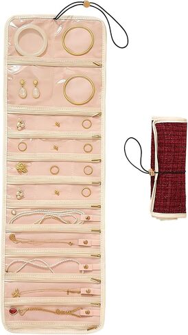 Travel Jewelry Roll, Portable Jewelry Storage Bag for Women, Tangle-Free Travel Necklace Organizer with Zipper, Daily Use Jewelry Holder for Necklaces Earrings Rings Bracelets,Red in Saudi Arabia