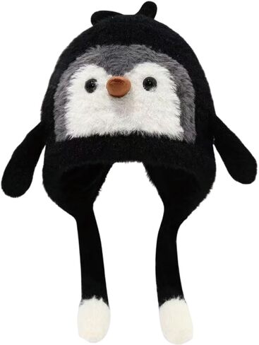 Girls Penguin Knit Hat Boys Cartoon Warm Fuzzy Beanie Winter Novelty Fleece Lining Cap with Ear Flap 2-9 Years in Saudi Arabia