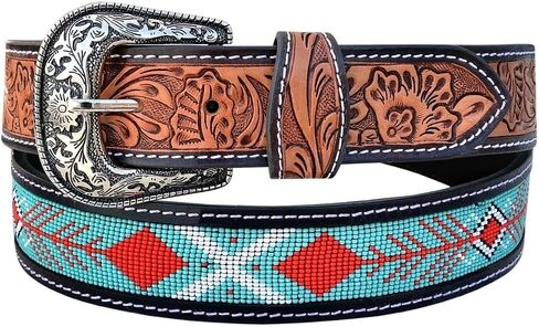 Affilare Western Genuine Leather Heavy Duty Beaded Tooled Belt For Men and Women 30AB005 in Kuwait