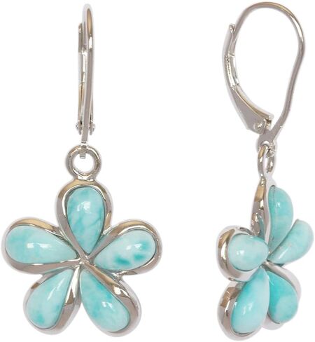 Sterling Silver Natural Larimar Plumeria Leverback Earrings in Saudi Arabia