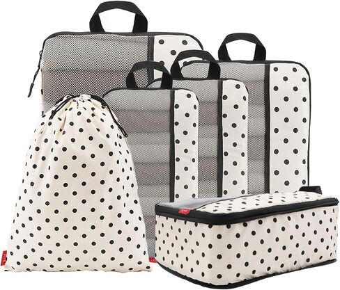 U+U 6 Set Compression Packing Cubes - Travel Organizers with Laundry Bag, Space-Saving Suitcase Organizer, Expandable Packing Organizers for Travel Essentials (Polka Dot) in Saudi Arabia