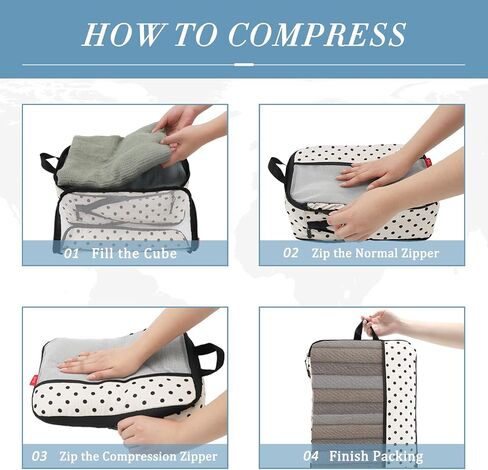 U+U 6 Set Compression Packing Cubes - Travel Organizers with Laundry Bag, Space-Saving Suitcase Organizer, Expandable Packing Organizers for Travel Essentials (Polka Dot) in Saudi Arabia