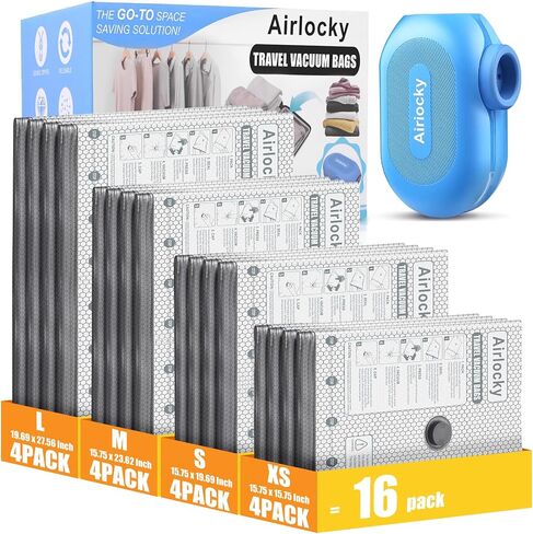 Travel Vacuum Storage Bags with Pump, 16 Pack Carry-on Compression Packing Bags + Portable Electric Pump, 80% Space Saver of Clothes, Vacuum Seal Bags for Clothing Travel Luggage in Kuwait