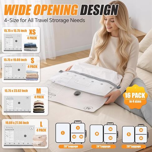 Travel Vacuum Storage Bags with Pump, 16 Pack Carry-on Compression Packing Bags + Portable Electric Pump, 80% Space Saver of Clothes, Vacuum Seal Bags for Clothing Travel Luggage in Kuwait