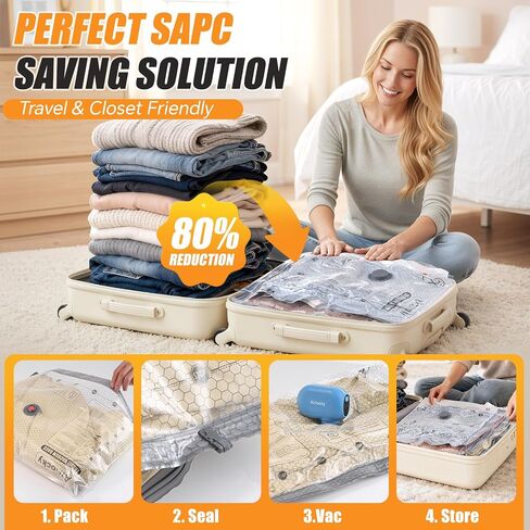 Travel Vacuum Storage Bags with Pump, 16 Pack Carry-on Compression Packing Bags + Portable Electric Pump, 80% Space Saver of Clothes, Vacuum Seal Bags for Clothing Travel Luggage in Kuwait