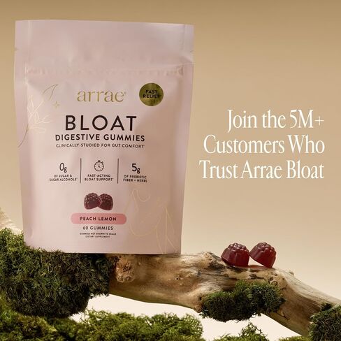 Arrae Bloat Gummies - Sugar-Free Debloat Gummies - Prebiotic Fiber - Peach Lemon Flavor - 60 Count in Saudi Arabia