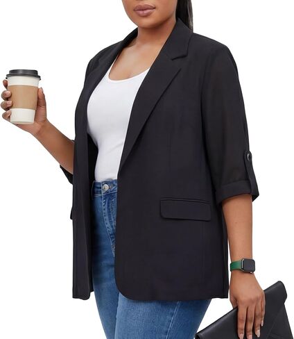 Plus Size Lightweight Blazer for Women – Relaxed Fit Business Casual Jacket with Ruched 3/4 Sleeves in Saudi Arabia