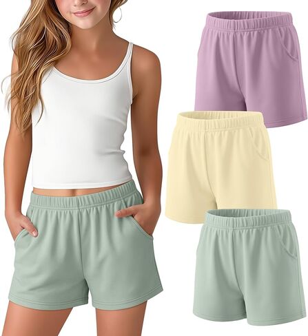 3 Pack Girls Shorts Athletic Teens Elastic Waist Casual Summer Tween SweatShorts with Pockets for Kids 5-16 Years in Kuwait