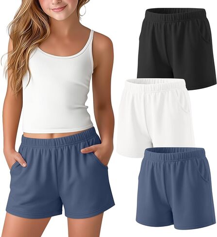 3 Pack Girls Shorts Athletic Teens Elastic Waist Casual Summer Tween SweatShorts with Pockets for Kids 5-16 Years in Kuwait