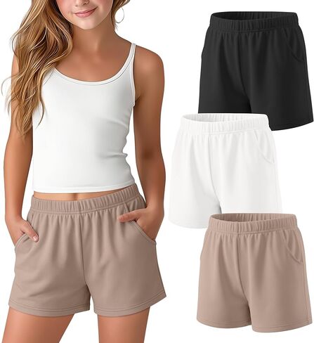 3 Pack Girls Shorts Athletic Teens Elastic Waist Casual Summer Tween SweatShorts with Pockets for Kids 5-16 Years in Kuwait