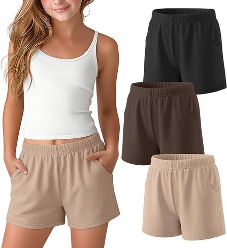 3 Pack Girls Shorts Athletic Teens Elastic Waist Casual Summer Tween SweatShorts with Pockets for Kids 5-16 Years in Kuwait