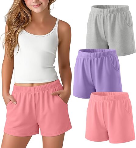 3 Pack Girls Shorts Athletic Teens Elastic Waist Casual Summer Tween SweatShorts with Pockets for Kids 5-16 Years in Kuwait