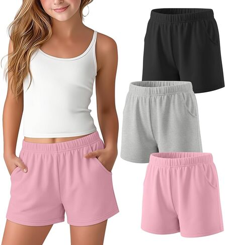3 Pack Girls Shorts Athletic Teens Elastic Waist Casual Summer Tween SweatShorts with Pockets for Kids 5-16 Years in Kuwait