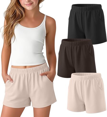 3 Pack Girls Shorts Athletic Teens Elastic Waist Casual Summer Tween SweatShorts with Pockets for Kids 5-16 Years in Kuwait