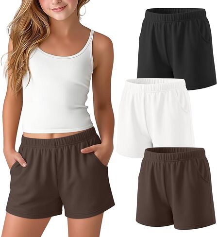 3 Pack Girls Shorts Athletic Teens Elastic Waist Casual Summer Tween SweatShorts with Pockets for Kids 5-16 Years in Kuwait