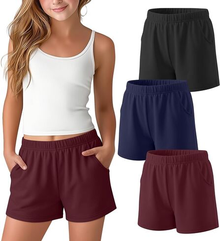 3 Pack Girls Shorts Athletic Teens Elastic Waist Casual Summer Tween SweatShorts with Pockets for Kids 5-16 Years in Kuwait