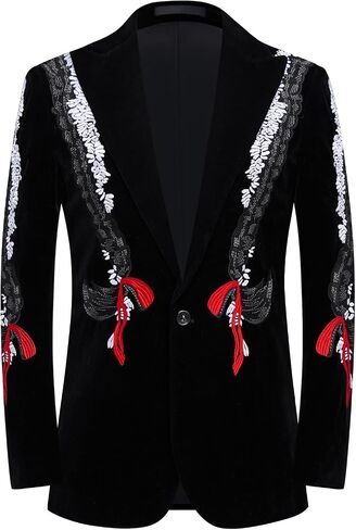 Men's Black Velvet Blazer with Gold Floral Embroidery, Slim Fit Suit Jacket for Wedding, Party, Banquet, Prom in Saudi Arabia