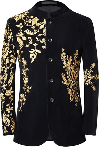 Men's Black Velvet Blazer with Gold Floral Embroidery, Slim Fit Suit Jacket for Wedding, Party, Banquet, Prom in Saudi Arabia