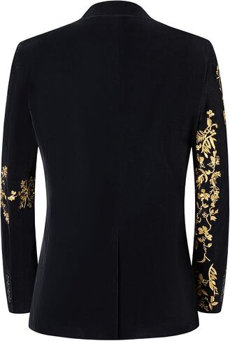 Men's Black Velvet Blazer with Gold Floral Embroidery, Slim Fit Suit Jacket for Wedding, Party, Banquet, Prom in Saudi Arabia