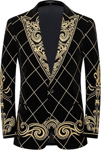 Men's Black Velvet Blazer with Gold Floral Embroidery, Slim Fit Suit Jacket for Wedding, Party, Banquet, Prom in Saudi Arabia