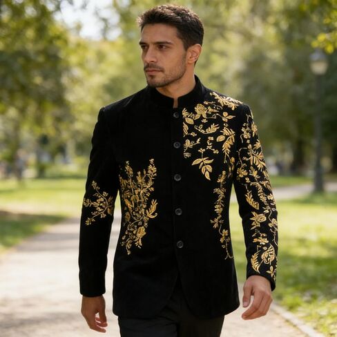Men's Black Velvet Blazer with Gold Floral Embroidery, Slim Fit Suit Jacket for Wedding, Party, Banquet, Prom in Saudi Arabia