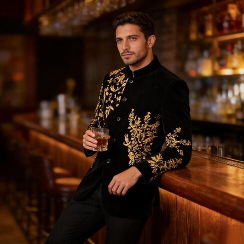 Men's Black Velvet Blazer with Gold Floral Embroidery, Slim Fit Suit Jacket for Wedding, Party, Banquet, Prom in Saudi Arabia