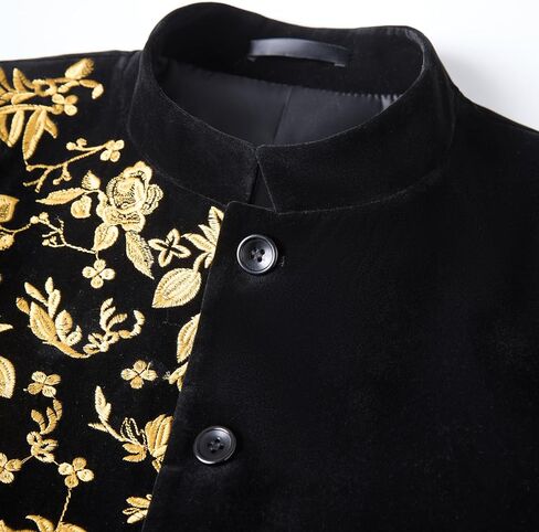 Men's Black Velvet Blazer with Gold Floral Embroidery, Slim Fit Suit Jacket for Wedding, Party, Banquet, Prom in Saudi Arabia