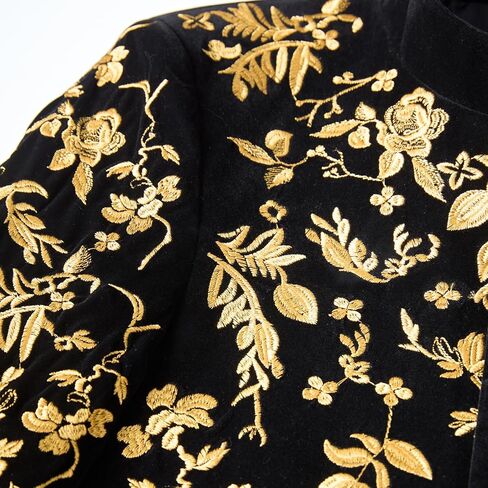 Men's Black Velvet Blazer with Gold Floral Embroidery, Slim Fit Suit Jacket for Wedding, Party, Banquet, Prom in Saudi Arabia