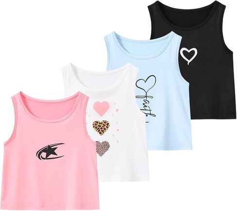 Girls Tank Tops 4 Packs Sleeveless Racerback Crop Top Casual Cute Graphic Print Shirts for Girls 3-14 Years in Saudi Arabia