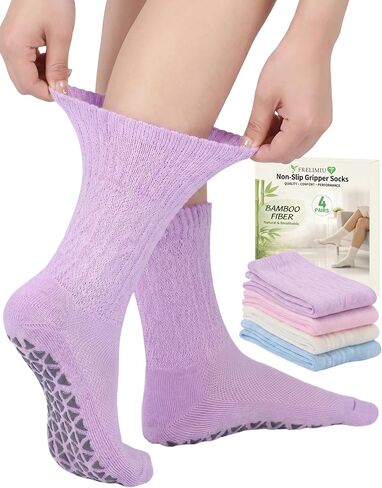 Diabetic Socks with Grippers for Women - 4 Pairs Soft Viscose Blend Hospital Grip Socks, Non-Slip Crew Socks with Non-Binding Loose Fit for Neuropathy Edema Elderly 10-14 in Saudi Arabia