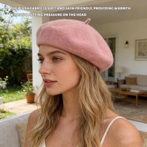 Women French Wool Beret Hats - Solid Color Classic Beanie Winter Cap - Unisex Wool Hat for Men & Women,Cosplay,Costume Party, Parisian Fashion Accessory(Pink) in Saudi Arabia