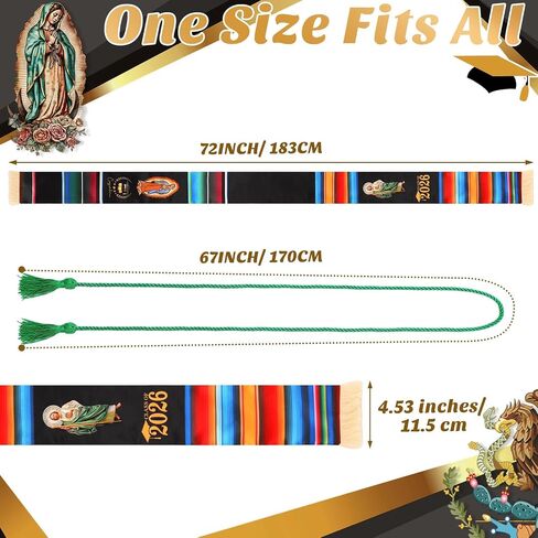 وشاح التخرج المكسيكي Libima مع 3 حبل شرابة فئة 2026 وشاح العلم الأمريكي المكسيكي Virgen De Guadalupe in Kuwait